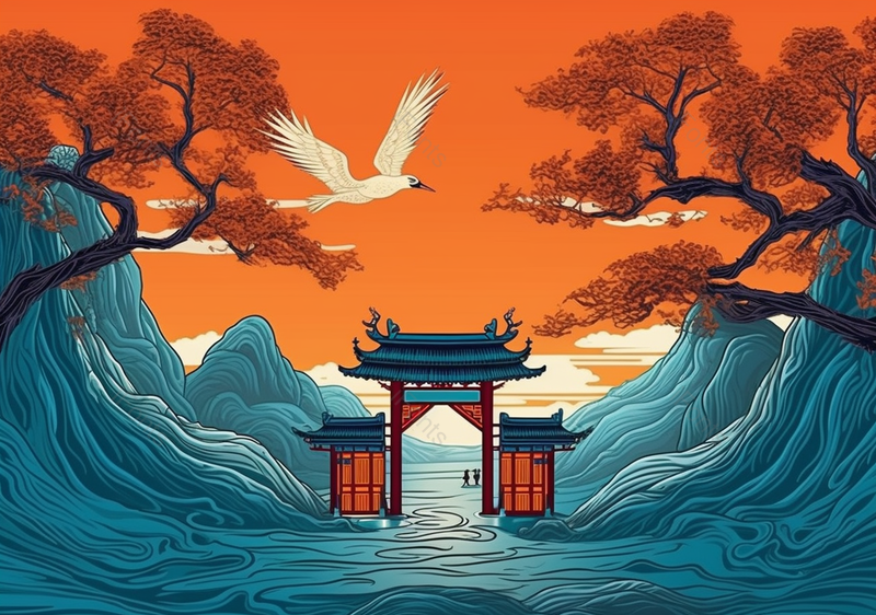 山门晚霞白鸽树山夕阳中国风国潮古典复古插画,插画/手绘图,插画/手绘图库,插画/手绘图下载,插画/手绘
